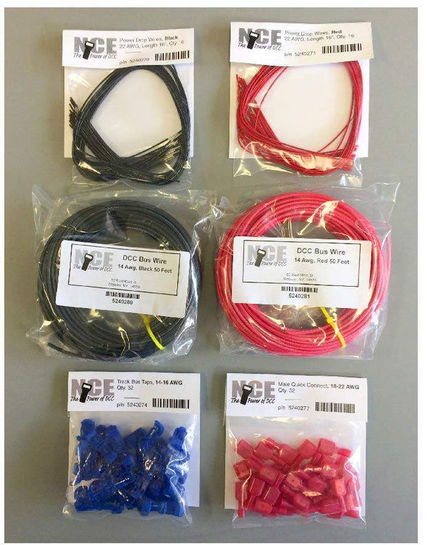 NCE LWK50 kit with red and black bus-wire coils, feeder-wire packets, blue taps and red quick connectors