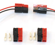 Red and black Anderson Powerpole connector components and assembled examples; NCE AND-24 supplies 24 connectors