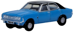 Oxford NCOR3005 Ford Cortina MkIII, Electric Monza Blue/Black, 1:148 scale, front three-quarter view