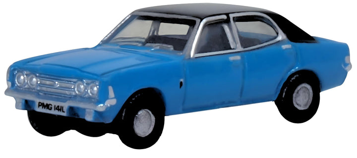 Oxford NCOR3005 Ford Cortina MkIII, Electric Monza Blue/Black, 1:148 scale, front three-quarter view