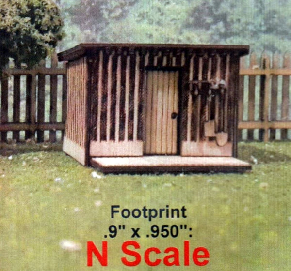 Osborn 3115 actual completed N scale tool shed, with scale and footprint caption