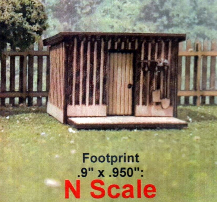 Osborn 3115 actual completed N scale tool shed, with scale and footprint caption