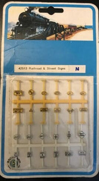Bachmann N Scale Railroad and Street Signs 24-Pack - product and package view