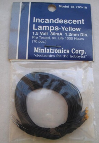 Miniatronics 18-Y03-10 yellow 1.2 mm lamps in the labeled ten-piece package.