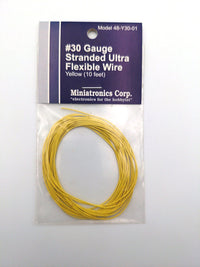 Miniatronics 48-Y30-01 yellow 30-gauge wire, 10 feet, labeled retail package.