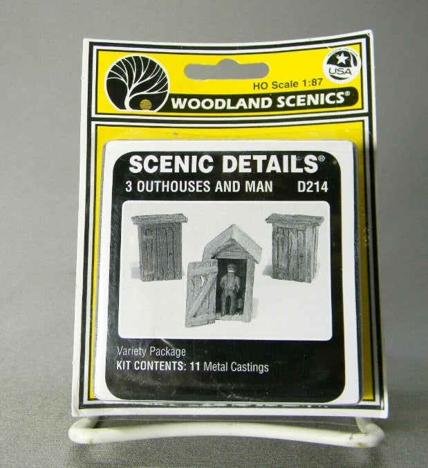 Woodland Scenics D214 Three Outhouses and Man HO Scale Metal Kit