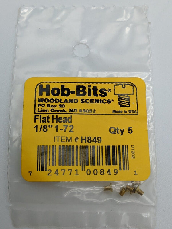 Woodland Scenics H849 1-72 × 1/8 in flat-head brass screws in the labeled five-piece retail package.