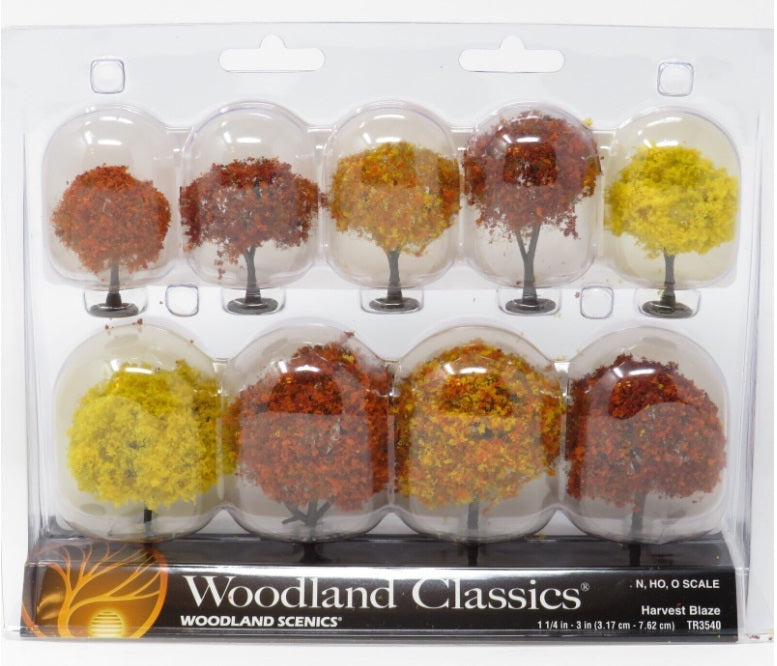 Woodland Scenics TR3540 Harvest Blaze retail package containing nine autumn-colored model trees.