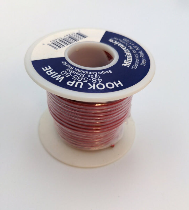 Miniatronics 48-565-50 red 16-gauge wire, 50 feet, labeled spool view.