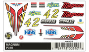 PineCar P310 Magnum dry transfer decal sheet with racing logos, number 42, and red, yellow, and black designs