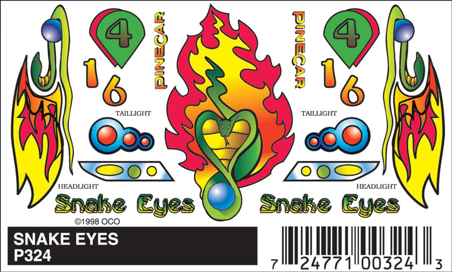 PineCar P324 Snake Eyes stick-on decal sheet for pinewood derby cars