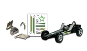 PineCar P331 parts and decals beside an example finished car; car and wheels not included