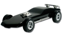 Example black derby car with Eliminator engine, pipes and spoiler fitted; car not included