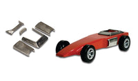Star Fire P342 loose castings beside an example red car; car not included