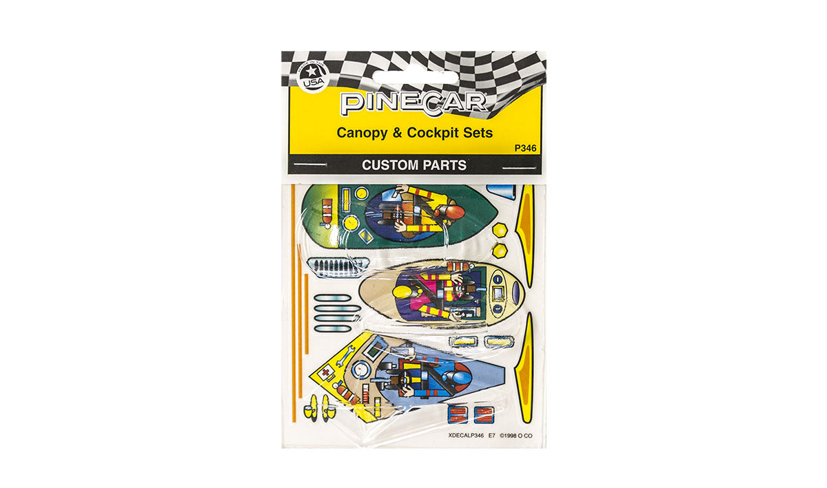 PineCar P346 package showing three clear canopies and the cockpit decal sheet