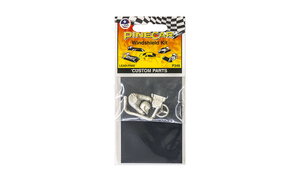 PineCar P348 Windshield Kit with metal cockpit parts and black vinyl in retail packaging
