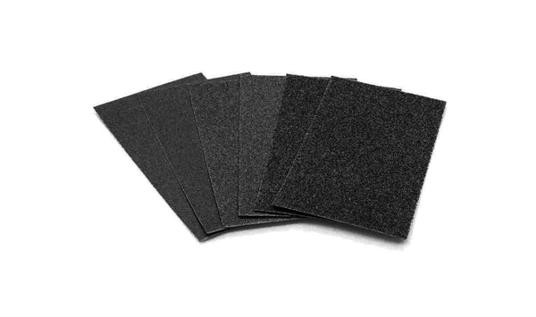 Six PineCar P380 sandpaper sheets in coarse, medium and fine grades