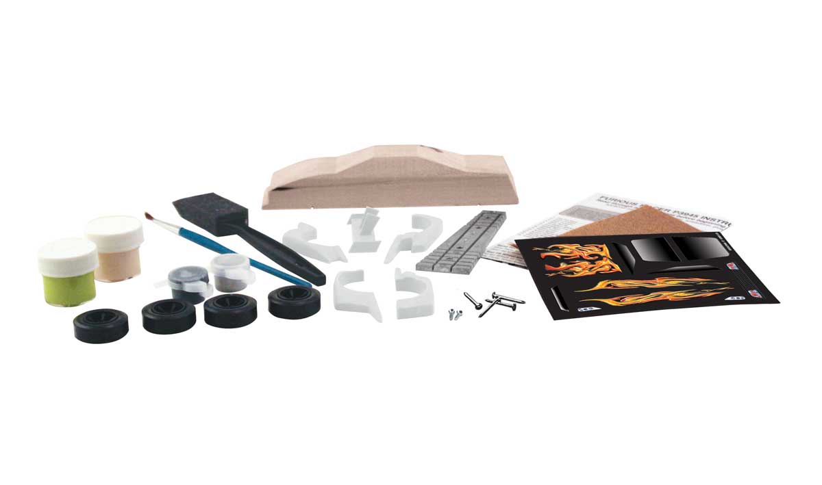 PineCar P3945 Furious Racer kit contents with wood body, body details, paint, decals, wheels and axles