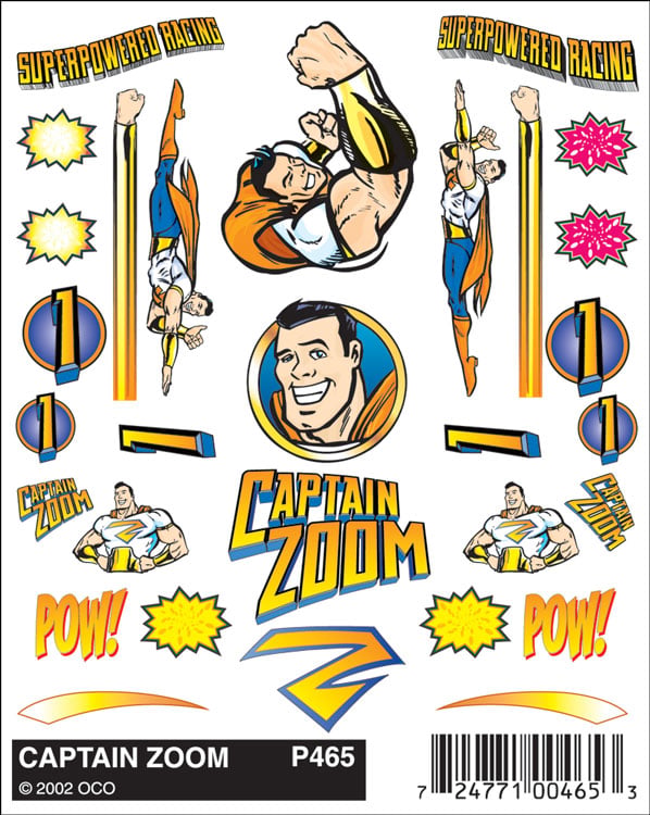 PineCar P465 Captain Zoom superhero-themed stick-on decal sheet