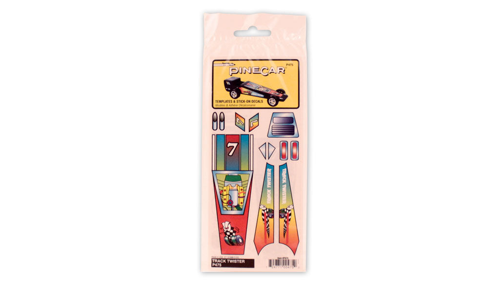 PineCar P475 Track Twister template and stick-on decals in the clear retail package