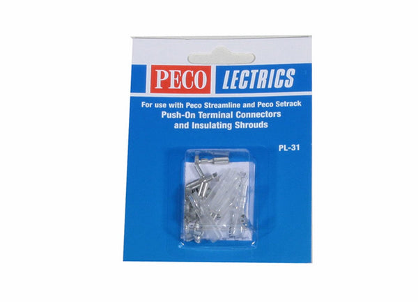 PECO PL-31 retail pack containing metal push-on connectors and clear insulating shrouds