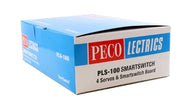PECO PLS-100 SmartSwitch starter-set box labeled four servos and SmartSwitch board