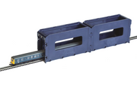 PECO two-unit Flexi Loco Lift showing a model driving onto the aligned running surfaces