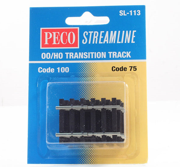 PECO SL-113 retail package labeled Code 100 to Code 75 transition track, with the four sections visible