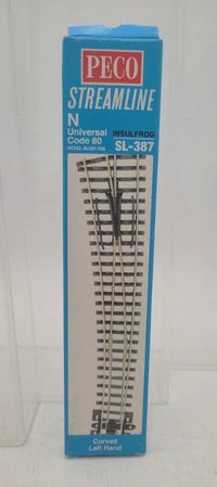 PECO SL-387 left-hand turnout in the labeled N-gauge retail package
