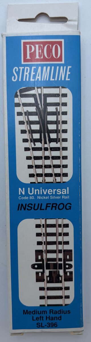 PECO SL-396 left-hand medium-radius turnout in its N Universal Insulfrog package