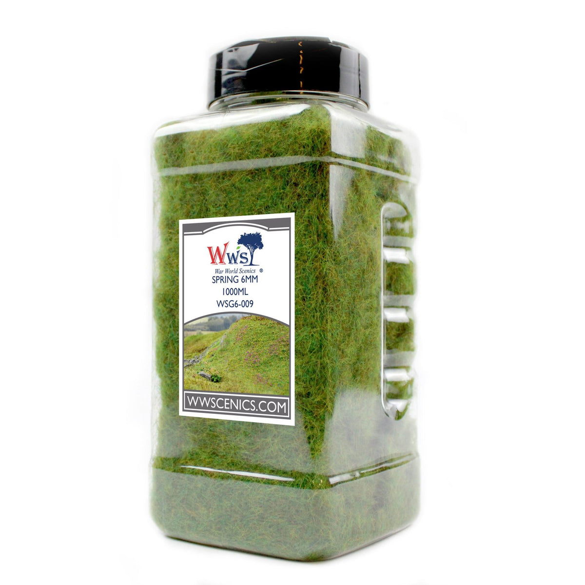 WWScenics WSG6-009 6 mm Spring Static Grass – 1000 ml Canister – manufacturer packaging photograph