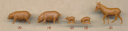 Pegasus 7052 unpainted pigs, piglets and donkey, with quantities marked beneath each pose
