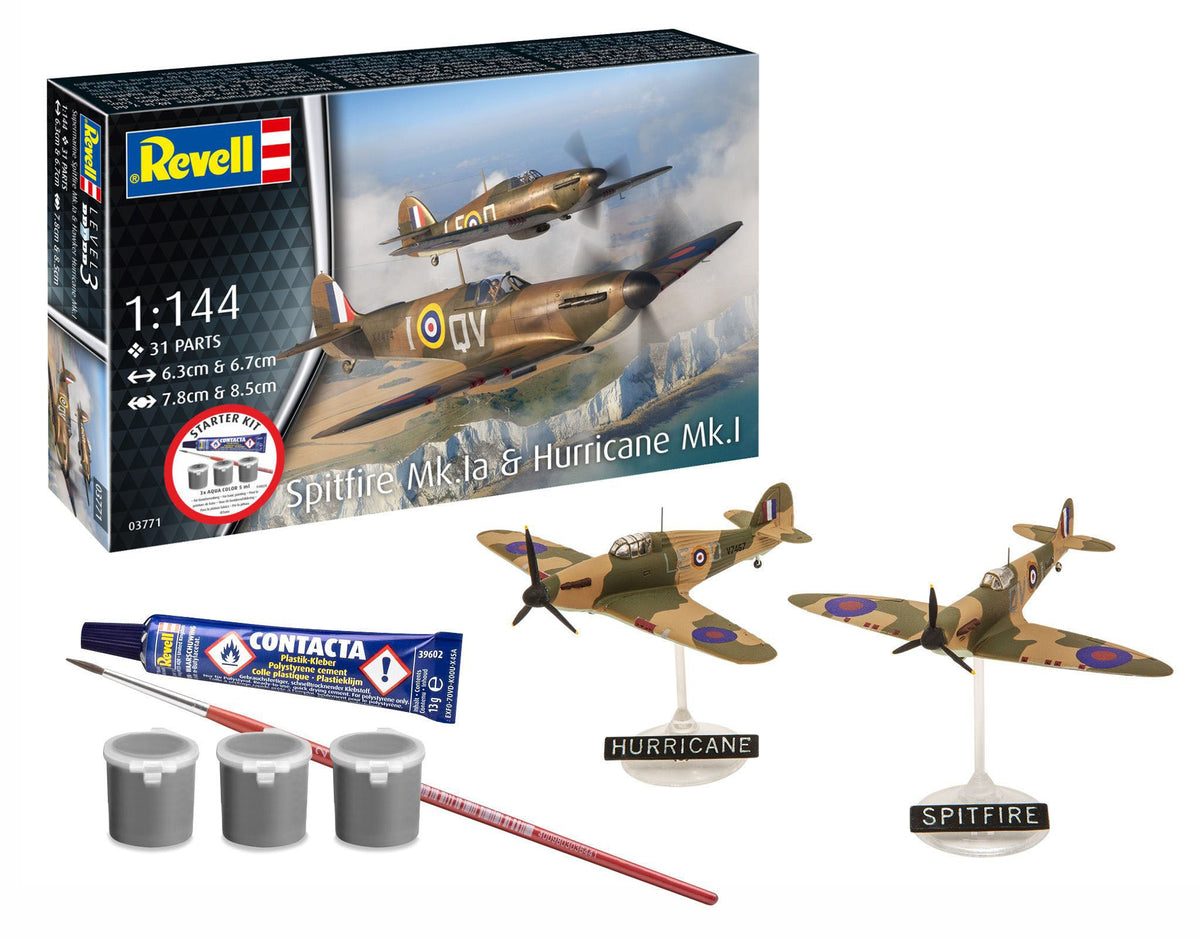 Revell 73771 1:144 starter set box, painted aircraft examples and included supplies
