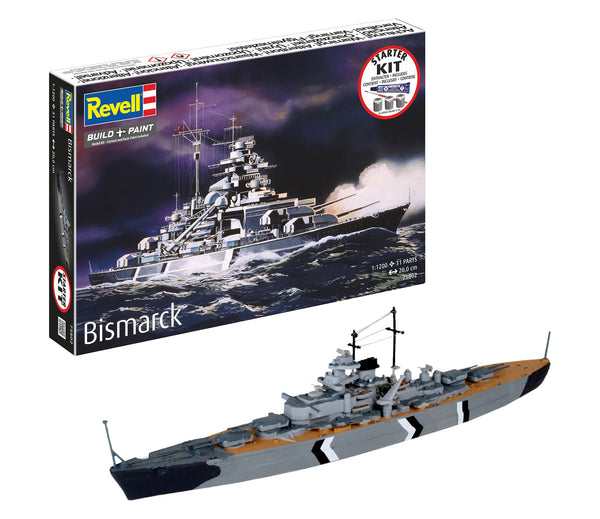Revell 75802 1:1200 starter set box and assembled painted ship example