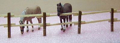 RS Laser Kits 3510 N scale assembled two-rail fence beside horses