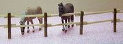 RS Laser Kits 3510 N scale assembled two-rail fence beside horses