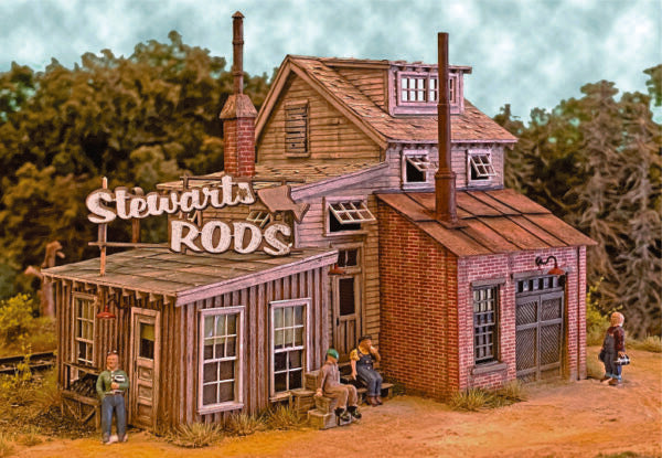 Bar Mills HO scale Stewart's Rods kit, assembled and painted example; figures and surrounding scenery not included.