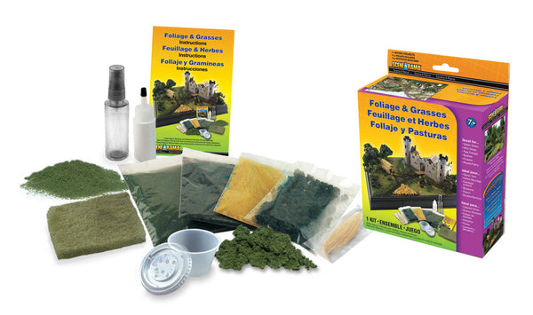 Scene-A-Rama SP4120 Foliage and Grasses kit packaging and included scenery materials