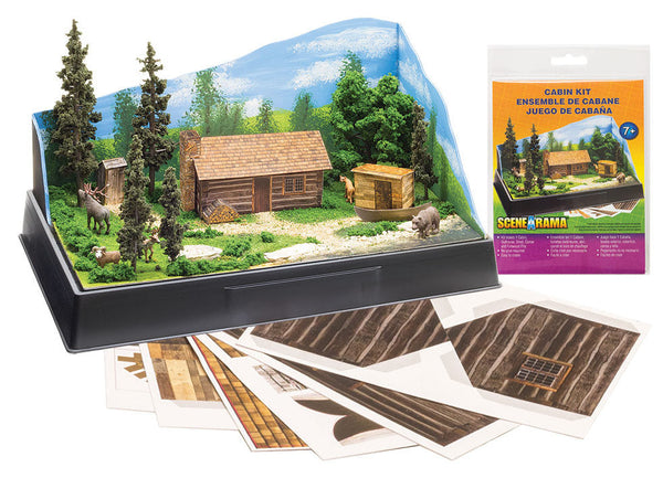 Scene-A-Rama SP4239 Cabin Kit cutouts and packaging beside an assembled example with additional scenery