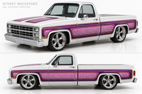 Sunset Boulevard 1960s purple and pink lace-panel decal design shown on a white 83 Silverado model; illustrative mockup