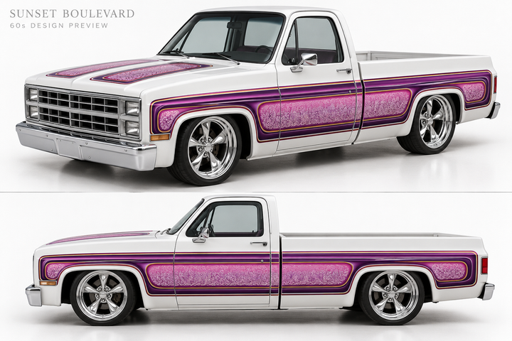Sunset Boulevard 1960s purple and pink lace-panel decal design shown on a white 83 Silverado model; illustrative mockup