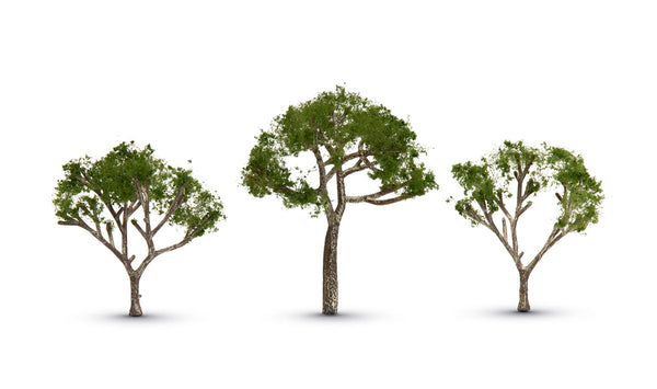 Woodland Scenics TR3525 Gum Trees, three pale-trunked trees with sparse green foliage.