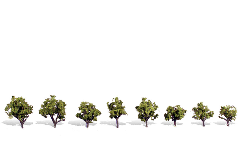 Woodland Scenics TR3545 Early Light Trees, eight ready-made miniature trees in varied shapes.