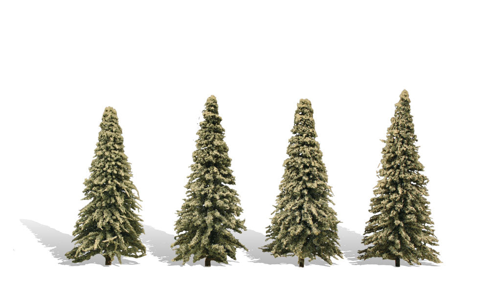 Woodland Scenics TR3569 Blue Needle Trees, four ready-made model evergreens.