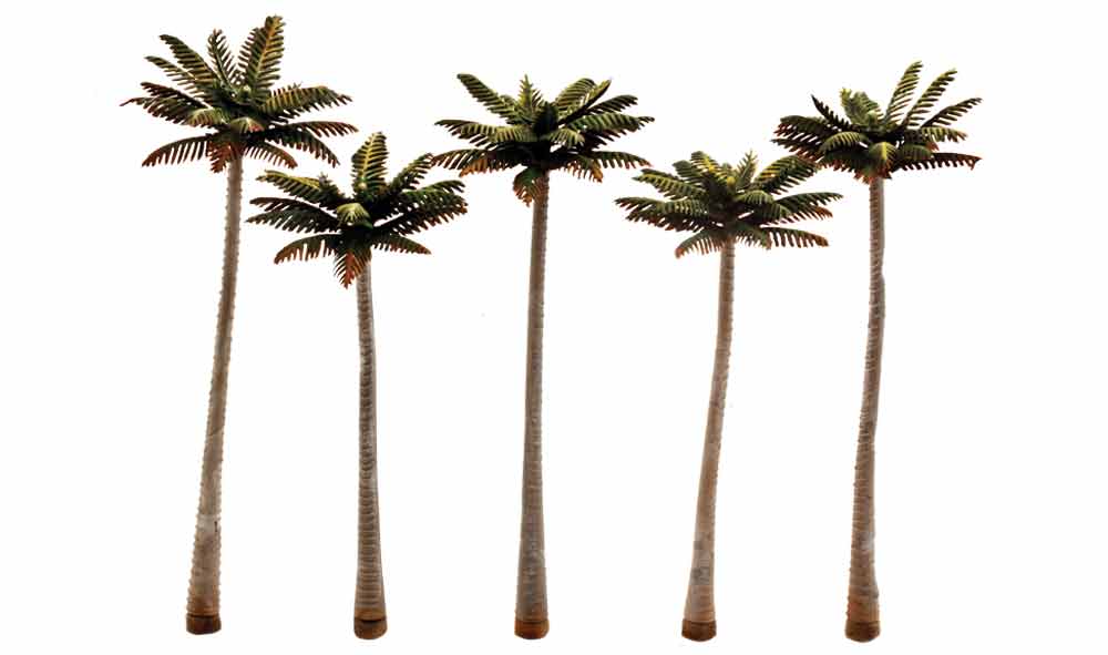 Woodland Scenics TR3598 Palm Trees, manufacturer photograph of five model palms.