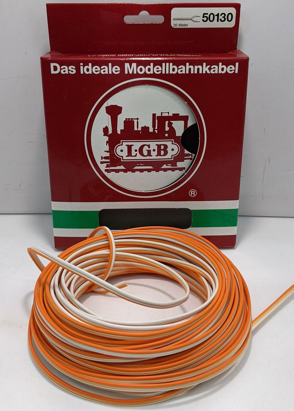 Coiled LGB 50130 orange and white two-conductor wire with its labeled product box.