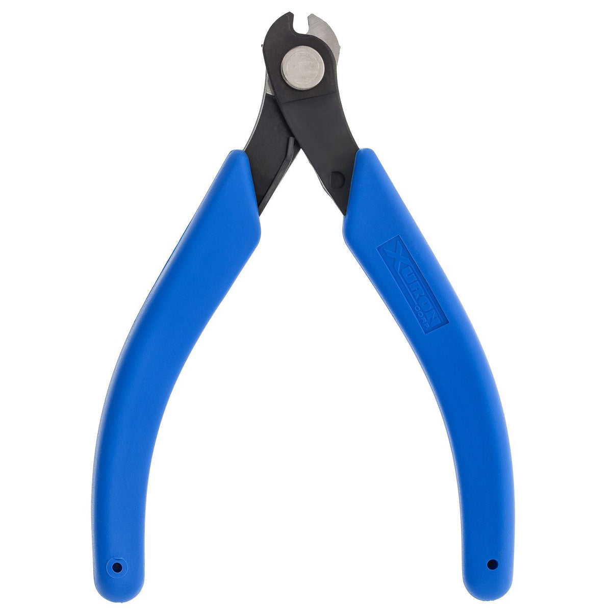 Xuron 2193 hard wire cutter with blue handles and jaws open