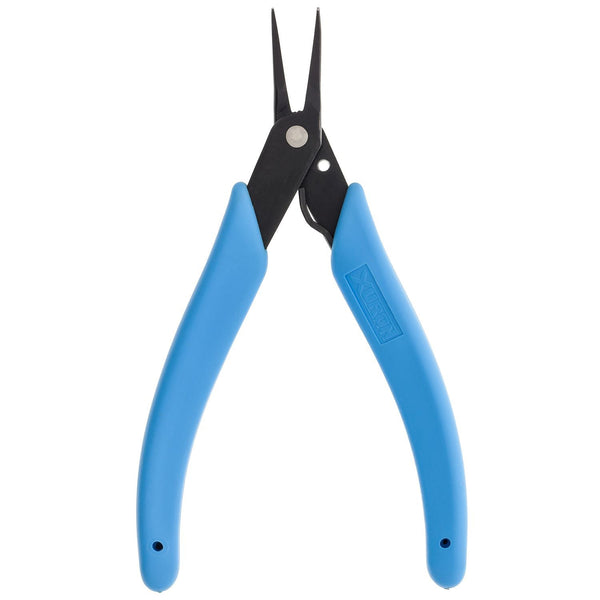 Full view of Xuron 450BN bent nose pliers with blue rubber handles