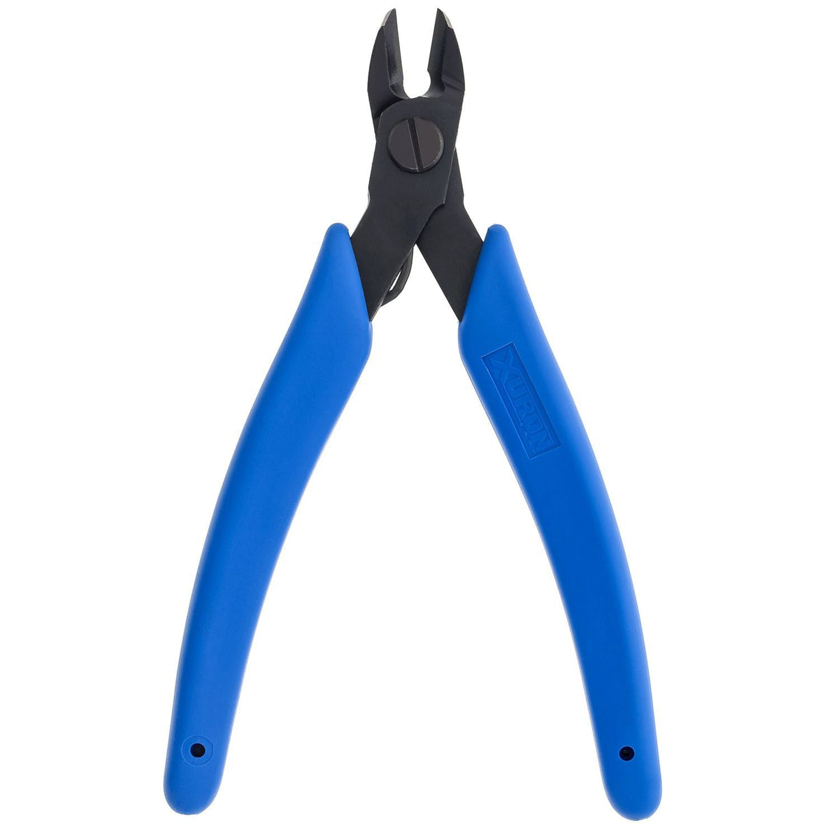 Xuron 9100 oval-head flush cutter with blue handles and open jaws