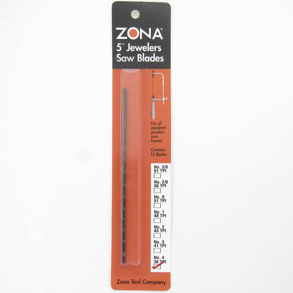 Zona size 4 38-TPI jeweler’s saw blades in the marked 12-blade retail package